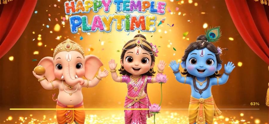 Cute animated characters of baby Ganesh, Radha and Krishna celebrating together